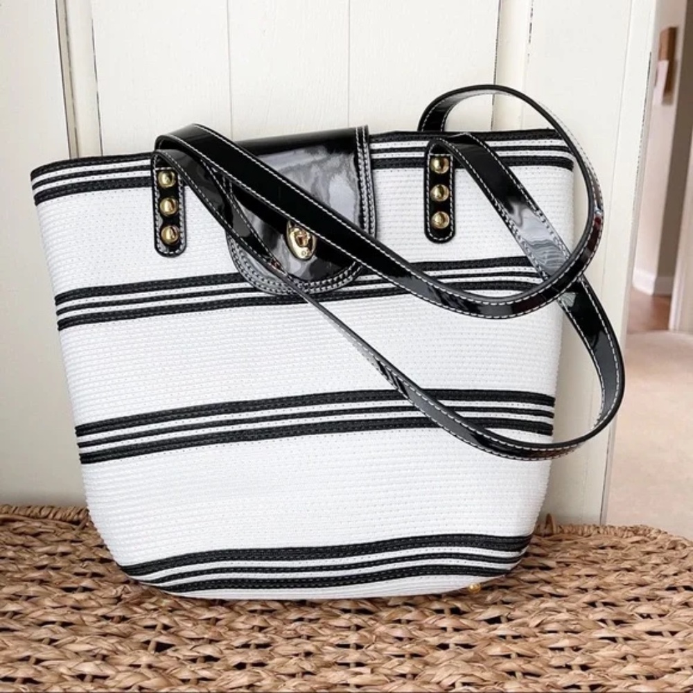 Eric Javits Straw And Patent Leather Handbag | black and white | nwot
